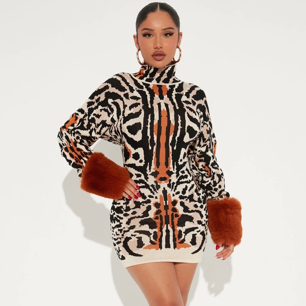 Tigress Sweater Mini Dress - Brown/combo - Fashion Nova